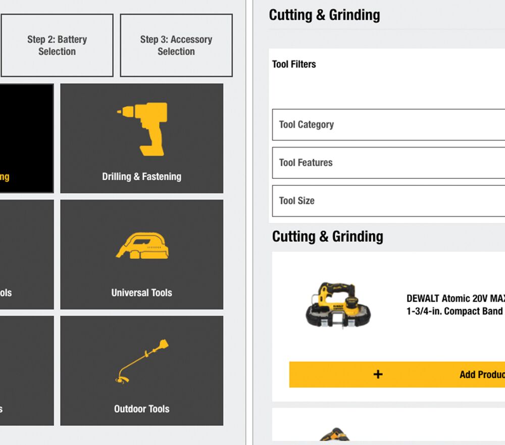 A screenshot of the DEWALT cordless configurator is shown