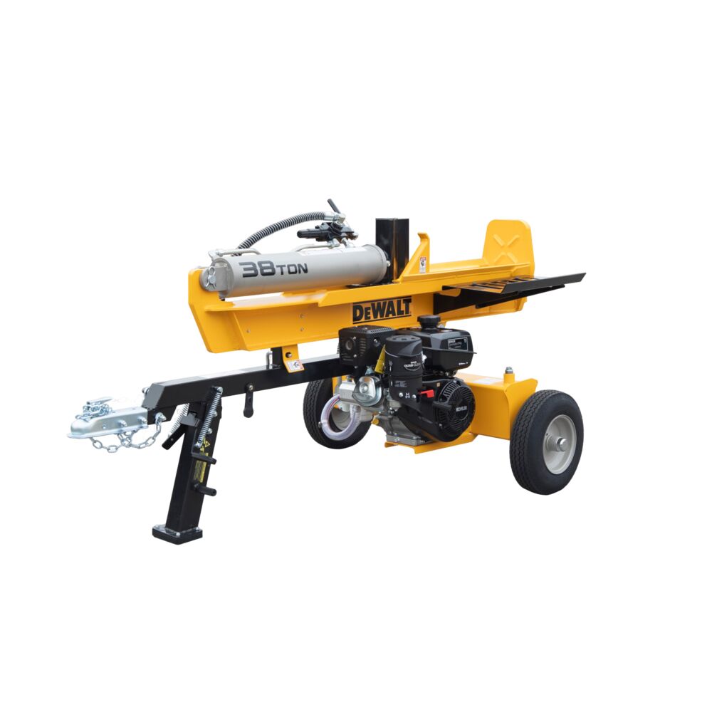 Yellow, Black and Grey Dewalt professional-grade 38 Ton Log Splitter, Side Facing Right Side in Horizontal Position.