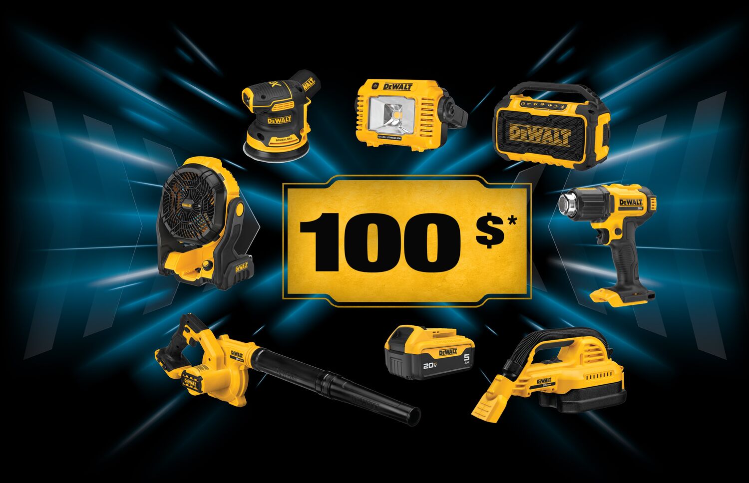 Graphic showing DEWALT tools on sale for $100 (MSRP) for the DEWALT 100th Anniversary.