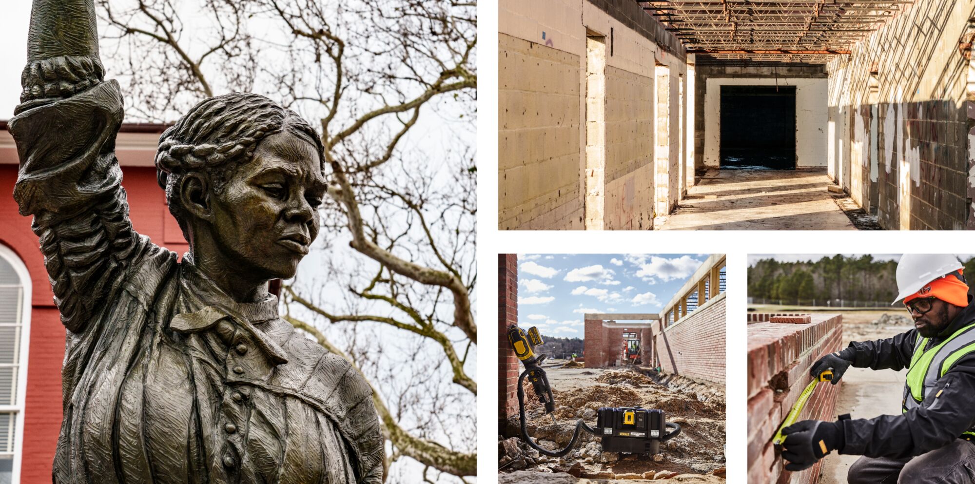 Four images showing a statue of Harriet Tubman, an unfinished room, a jobsite with a DEWALT Jackhammer, and Rodney measuring a brick wall