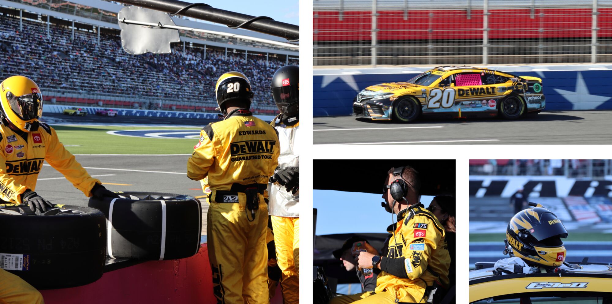 Four images showing Spider's pit crew, the DEWALT Nascar car, a pit crew master, and a pit crew helmet