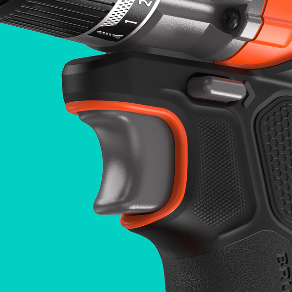 The variable speed trigger of the BLACK+DECKER® 18V POWERCONNECT™ Brushless Hammer Drill.