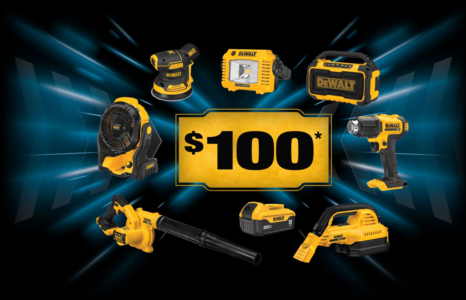 Graphic showing tools on sale for the DEWALT 100th Anniversary, with text LIMITED TIME OFFER - $100 MSRP