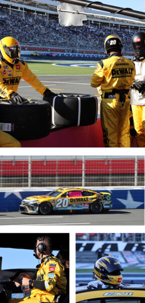 Four images showing Spider's pit crew, the DEWALT Nascar car, a pit crew master, and a pit crew helmet