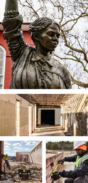 Four images showing a statue of Harriet Tubman, an unfinished room, a jobsite with a DEWALT Jackhammer, and Rodney measuring a brick wall