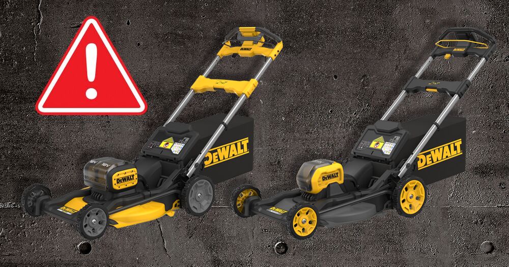 Two DEWALT walkbehind lawnmowers on grey concrete background with a red warning sign