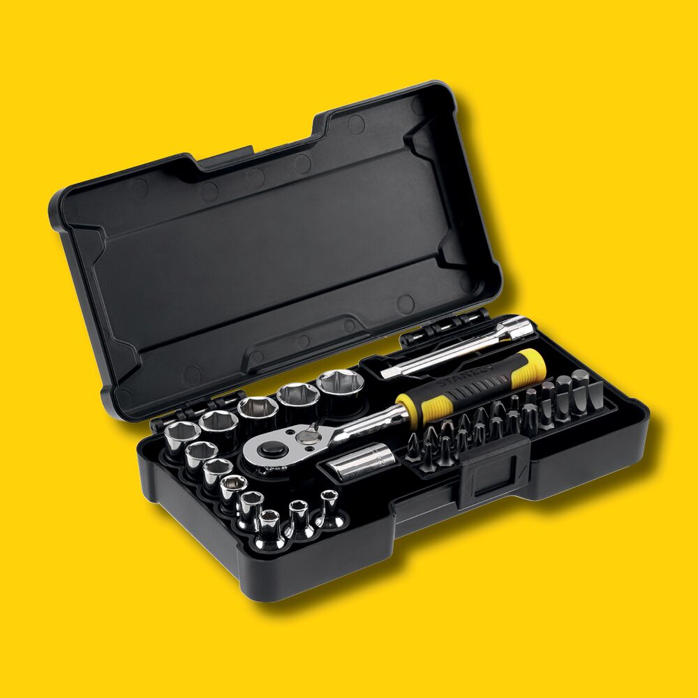 Stanley socket set redemption product, on yellow background.