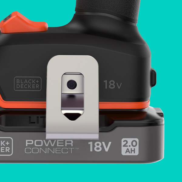 The belt clip of the BLACK+DECKER® 18V POWERCONNECT™ Brushless Hammer Drill.