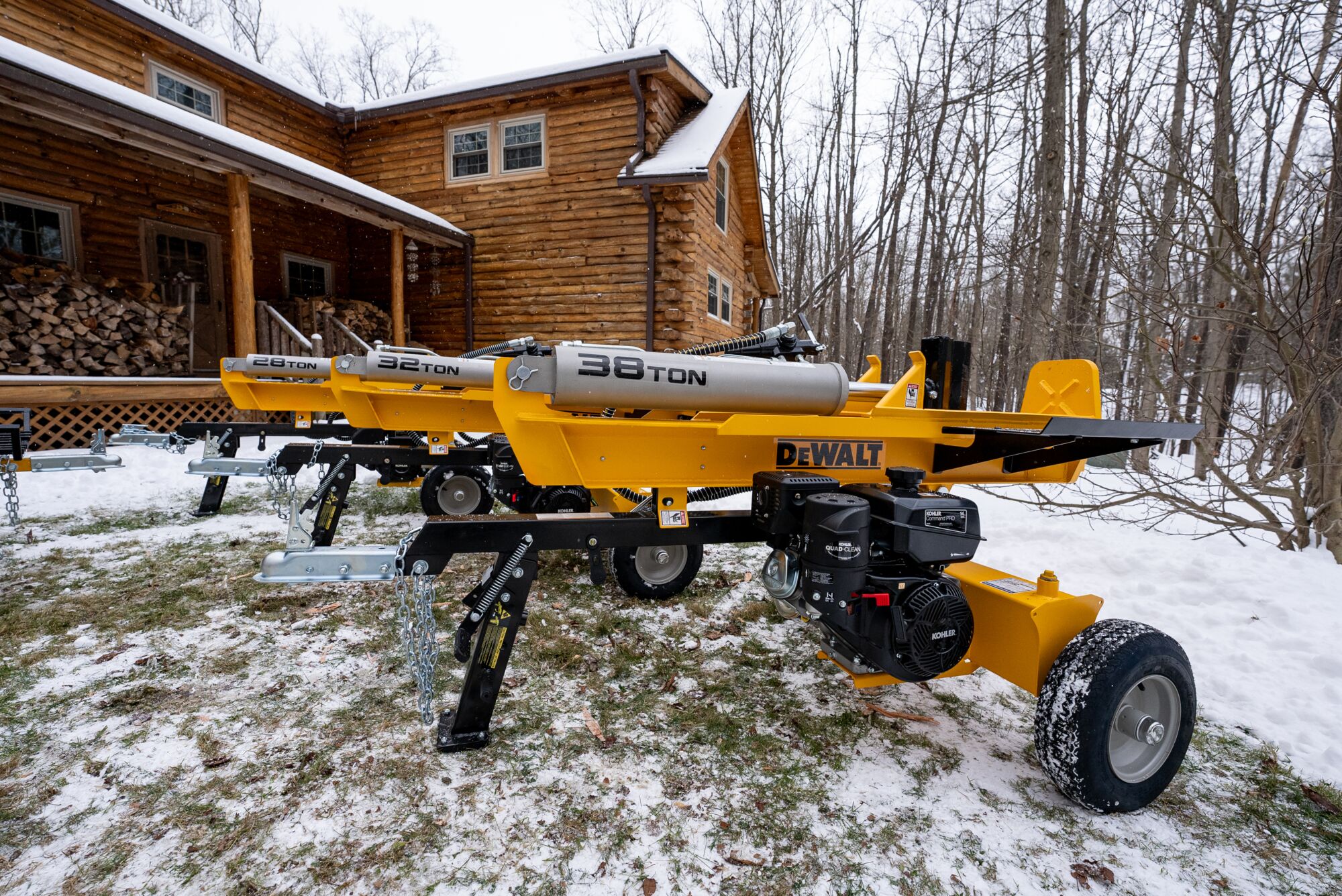 Yellow, Black and Grey Dewalt professional-grade Log Splitters, more than one catalog number in a environment setting.